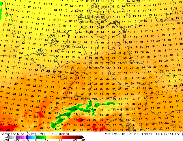 Temperature (2m) UK-Global St 05.06.2024 18 UTC