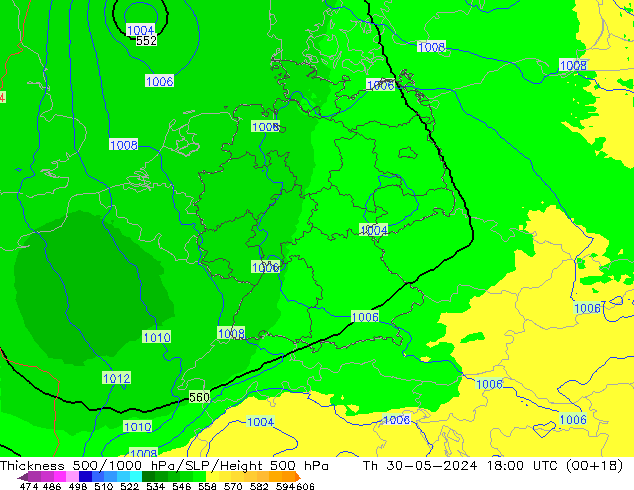 Thck 500-1000hPa UK-Global Čt 30.05.2024 18 UTC