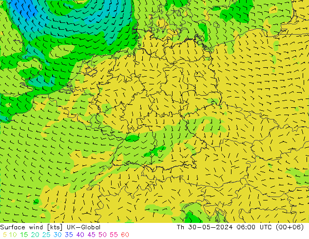 Viento 10 m UK-Global jue 30.05.2024 06 UTC