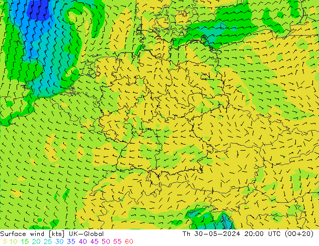 Surface wind UK-Global Th 30.05.2024 20 UTC