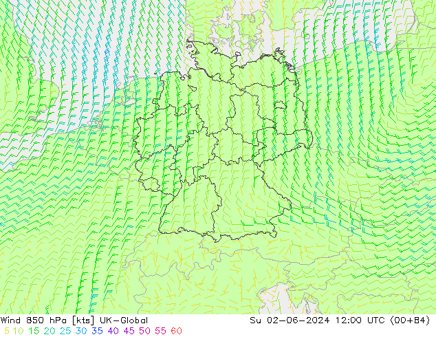 Vento 850 hPa UK-Global Dom 02.06.2024 12 UTC