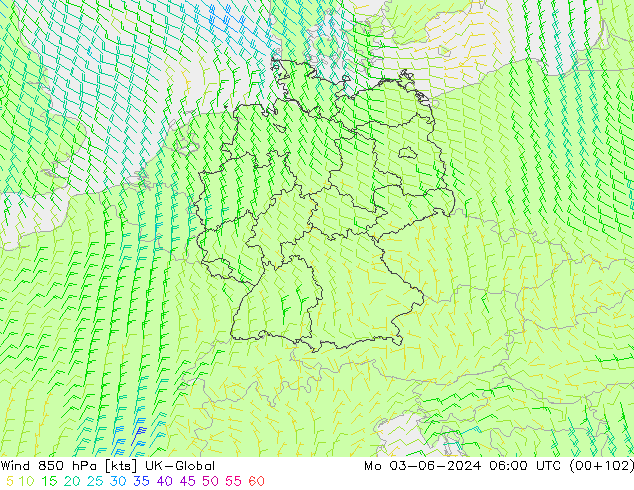 Wind 850 hPa UK-Global Po 03.06.2024 06 UTC