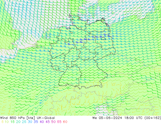 Vento 850 hPa UK-Global mer 05.06.2024 18 UTC