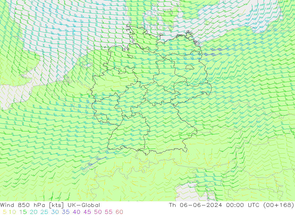 Wind 850 hPa UK-Global Do 06.06.2024 00 UTC