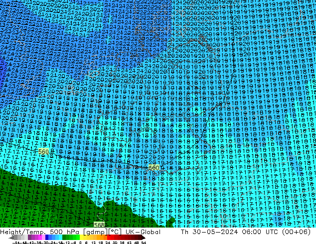 Height/Temp. 500 hPa UK-Global Qui 30.05.2024 06 UTC