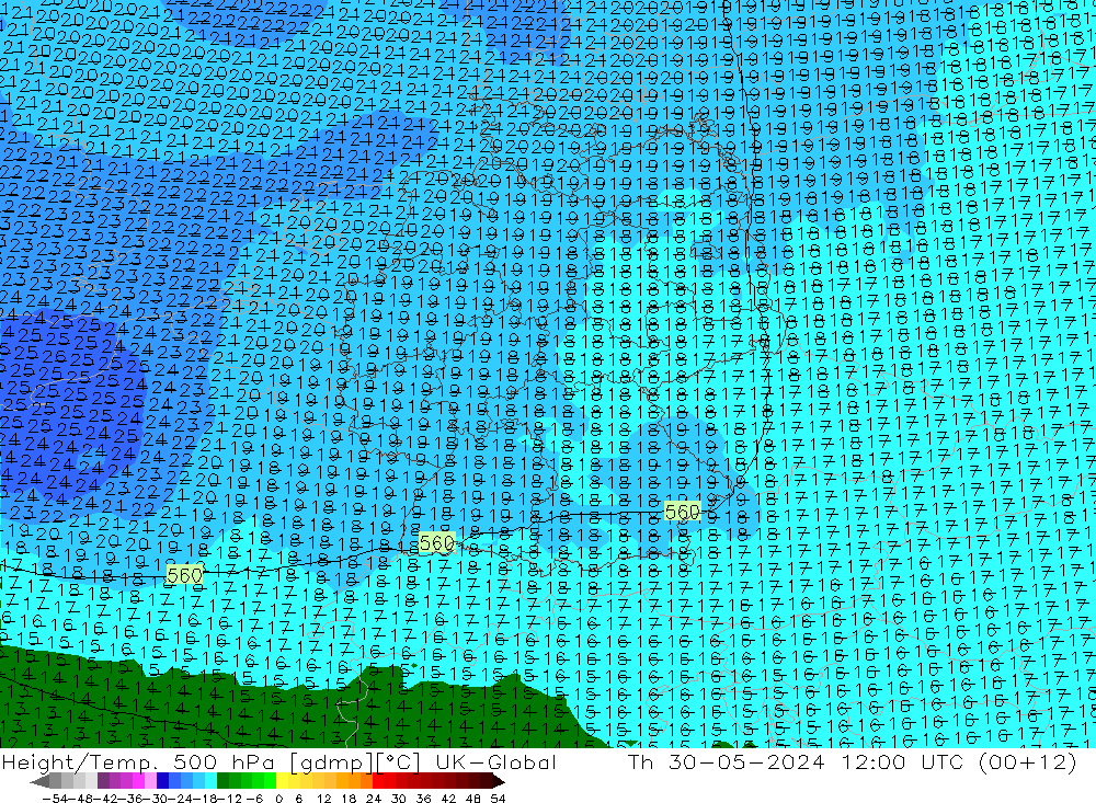 Height/Temp. 500 hPa UK-Global Do 30.05.2024 12 UTC