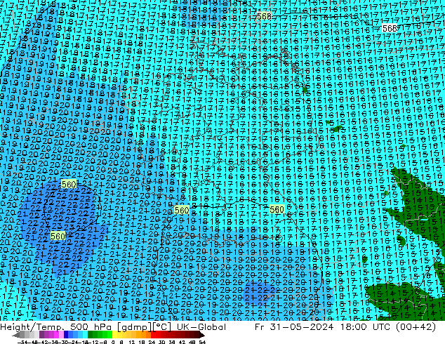 Height/Temp. 500 hPa UK-Global Pá 31.05.2024 18 UTC