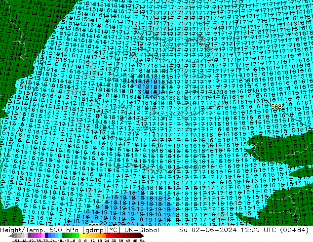 Hoogte/Temp. 500 hPa UK-Global zo 02.06.2024 12 UTC