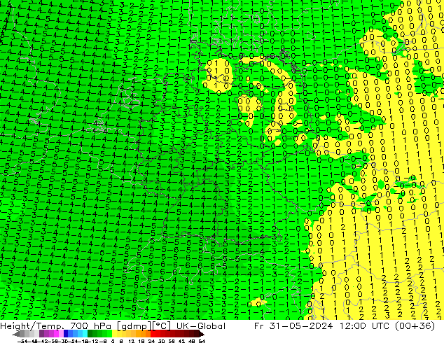 Height/Temp. 700 hPa UK-Global Sex 31.05.2024 12 UTC