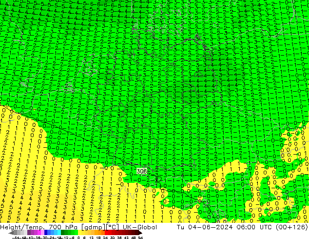 Height/Temp. 700 hPa UK-Global Út 04.06.2024 06 UTC