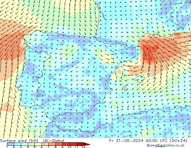 Surface wind (bft) UK-Global Fr 31.05.2024 00 UTC