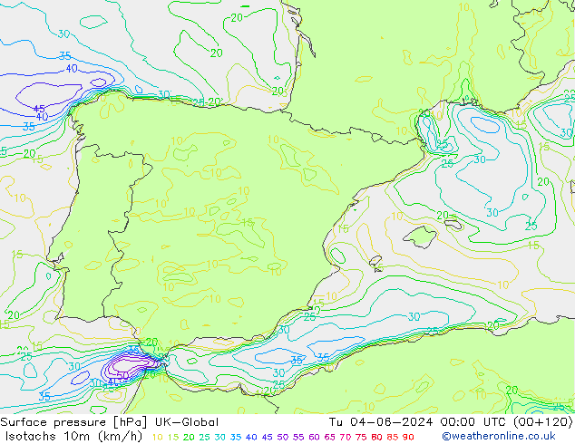 Isotachs (kph) UK-Global  04.06.2024 00 UTC