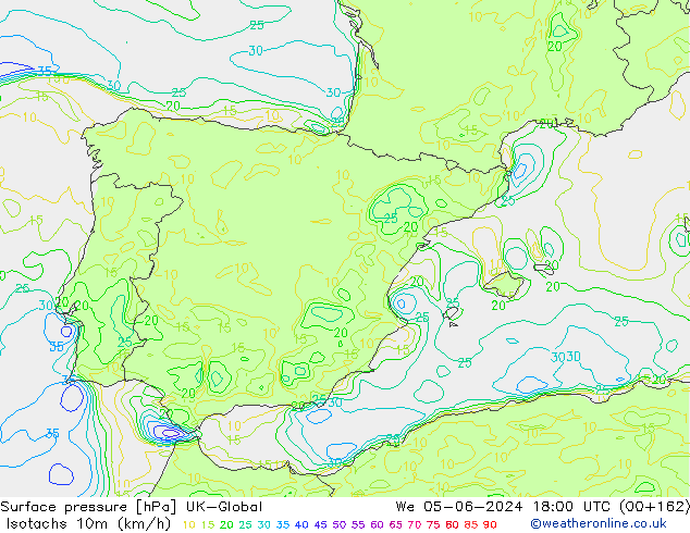 Isotachs (kph) UK-Global Qua 05.06.2024 18 UTC