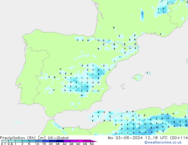 Precipitation (6h) UK-Global Mo 03.06.2024 18 UTC