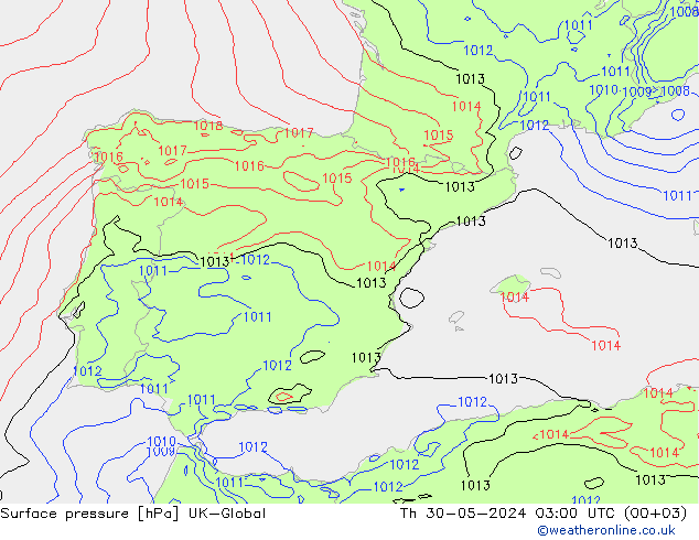 приземное давление UK-Global чт 30.05.2024 03 UTC