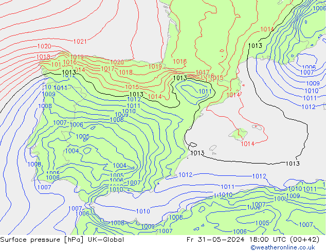 Pressione al suolo UK-Global ven 31.05.2024 18 UTC