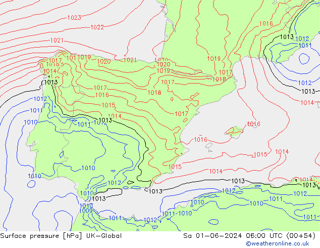 Atmosférický tlak UK-Global So 01.06.2024 06 UTC