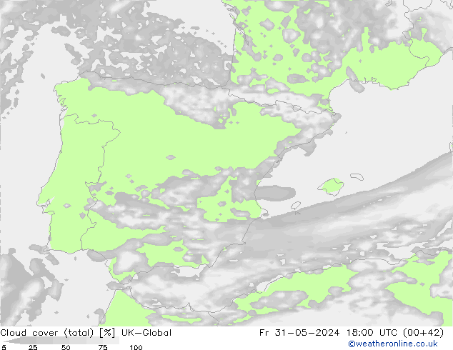 Cloud cover (total) UK-Global Pá 31.05.2024 18 UTC