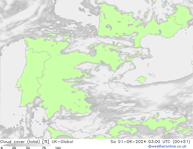 Bewolking (Totaal) UK-Global za 01.06.2024 03 UTC