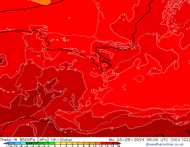 Theta-W 850hPa UK-Global Mo 03.06.2024 06 UTC