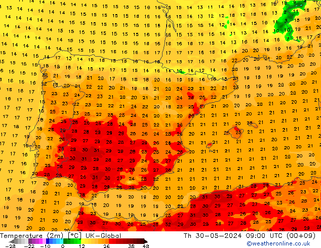 Temperatuurkaart (2m) UK-Global do 30.05.2024 09 UTC