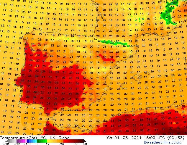 température (2m) UK-Global sam 01.06.2024 15 UTC