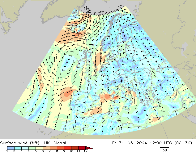 wiatr 10 m (bft) UK-Global pt. 31.05.2024 12 UTC