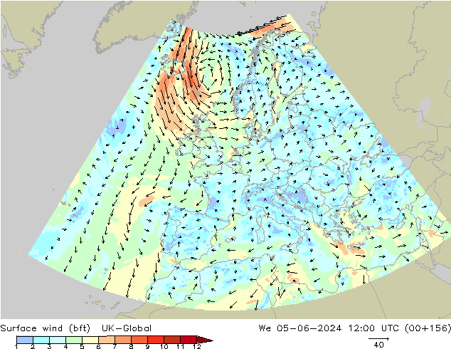 Surface wind (bft) UK-Global We 05.06.2024 12 UTC