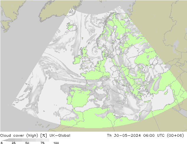 Cloud cover (high) UK-Global Th 30.05.2024 06 UTC