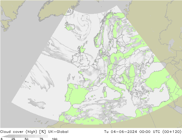 Cloud cover (high) UK-Global Tu 04.06.2024 00 UTC