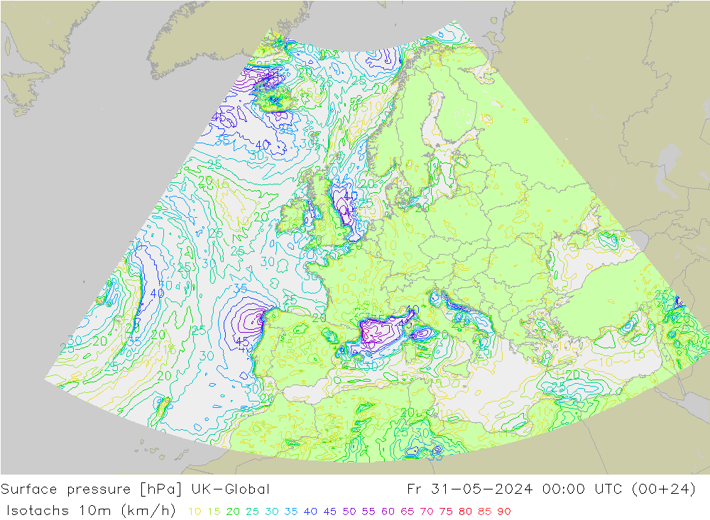 Isotachs (kph) UK-Global Fr 31.05.2024 00 UTC
