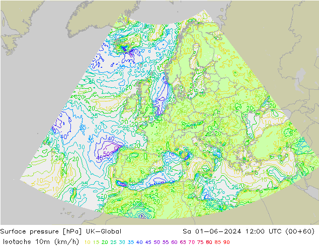 Isotachs (kph) UK-Global Sa 01.06.2024 12 UTC