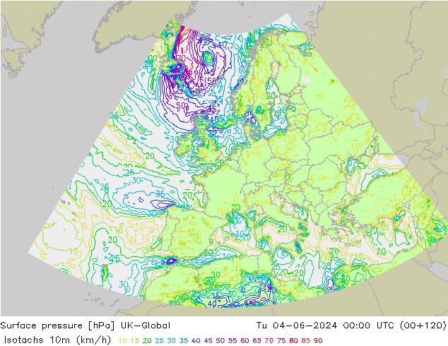 Isotachen (km/h) UK-Global Di 04.06.2024 00 UTC