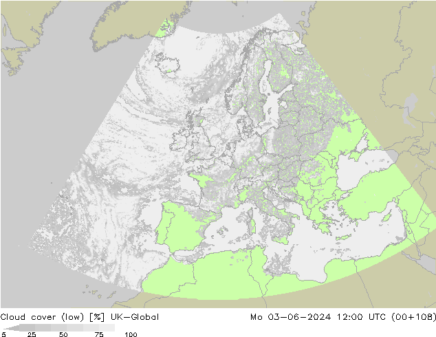 Cloud cover (low) UK-Global Mo 03.06.2024 12 UTC