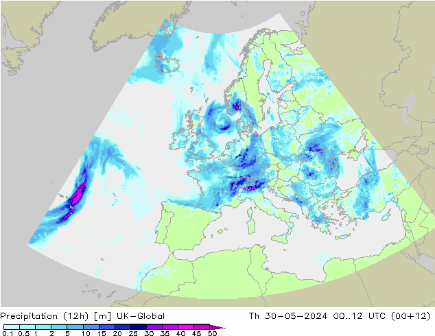 Totale neerslag (12h) UK-Global do 30.05.2024 12 UTC