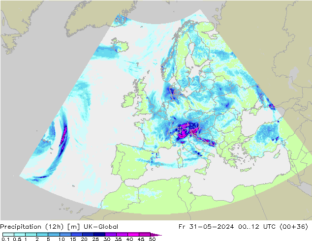 Precipitazione (12h) UK-Global ven 31.05.2024 12 UTC