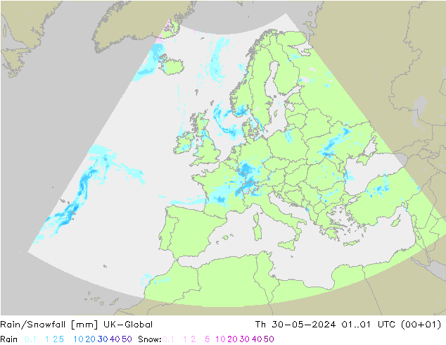 Rain/Snowfall UK-Global 星期四 30.05.2024 01 UTC