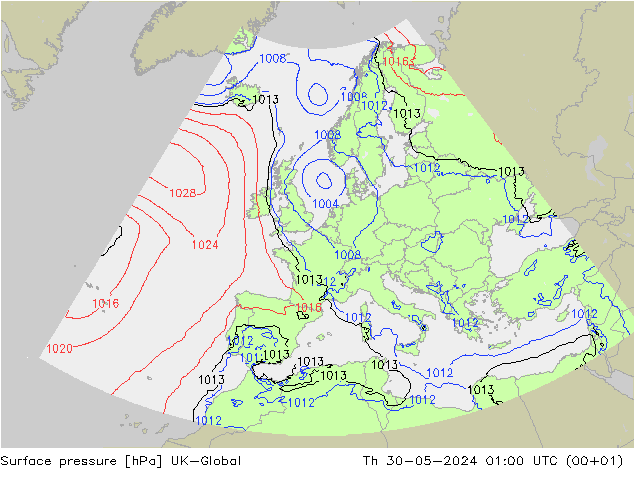 Surface pressure UK-Global Th 30.05.2024 01 UTC