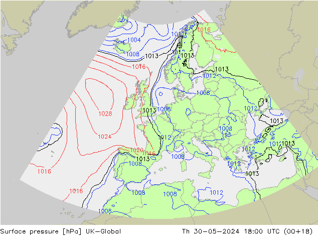 Atmosférický tlak UK-Global Čt 30.05.2024 18 UTC