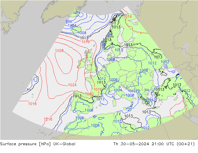 Surface pressure UK-Global Th 30.05.2024 21 UTC