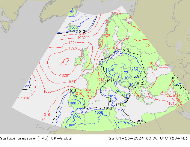 Pressione al suolo UK-Global sab 01.06.2024 00 UTC