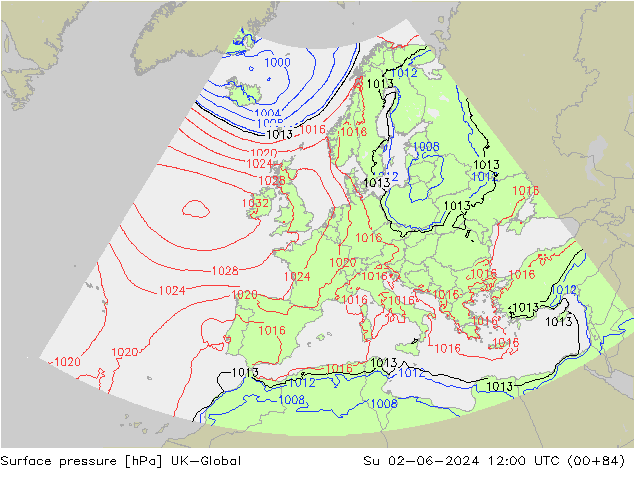 Pressione al suolo UK-Global dom 02.06.2024 12 UTC