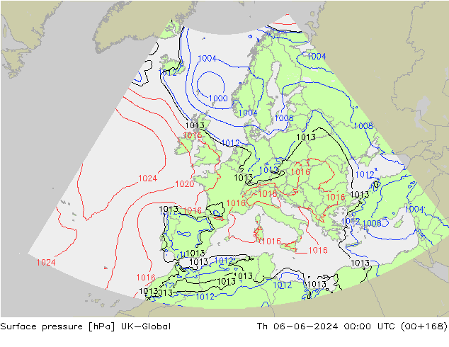 Presión superficial UK-Global jue 06.06.2024 00 UTC