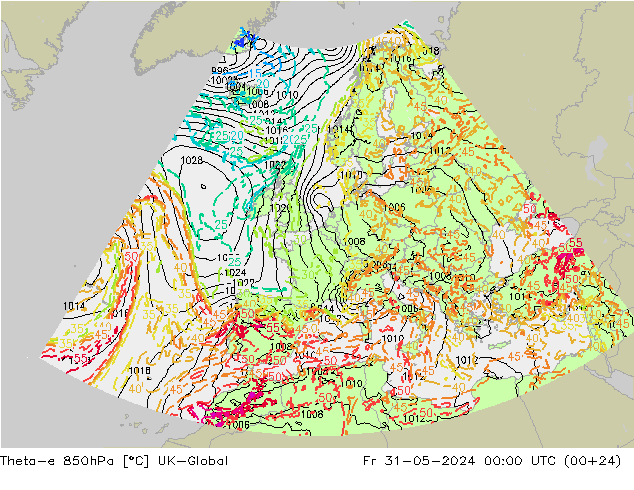 Theta-e 850hPa UK-Global Fr 31.05.2024 00 UTC