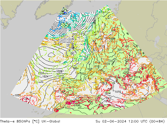 Theta-e 850hPa UK-Global Dom 02.06.2024 12 UTC