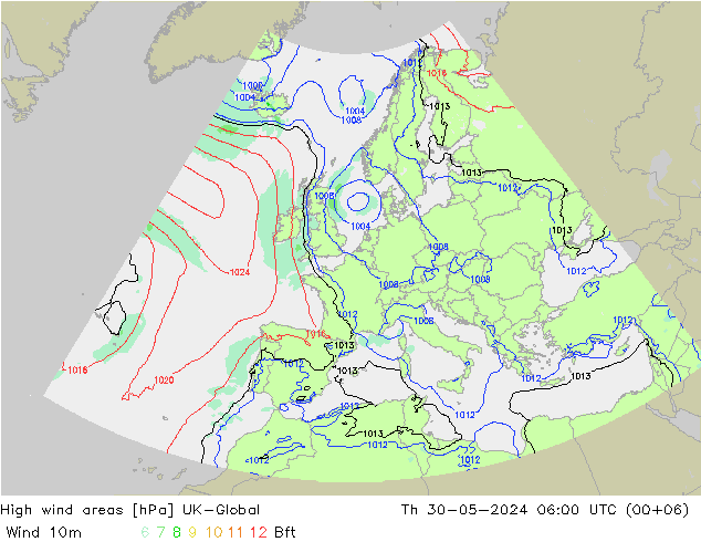 High wind areas UK-Global jue 30.05.2024 06 UTC