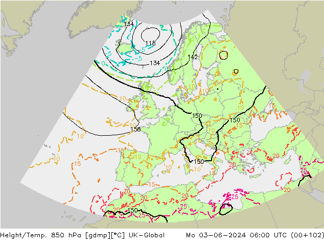 Height/Temp. 850 hPa UK-Global Mo 03.06.2024 06 UTC
