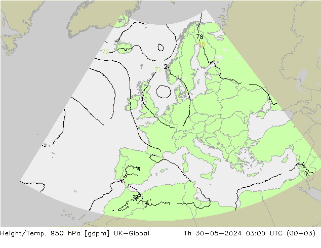 Hoogte/Temp. 950 hPa UK-Global do 30.05.2024 03 UTC