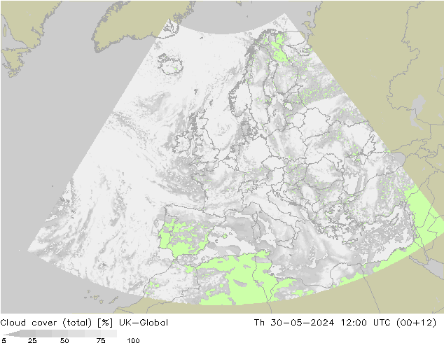 Cloud cover (total) UK-Global Čt 30.05.2024 12 UTC