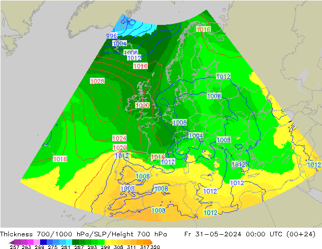 700-1000 hPa Kalınlığı UK-Global Cu 31.05.2024 00 UTC